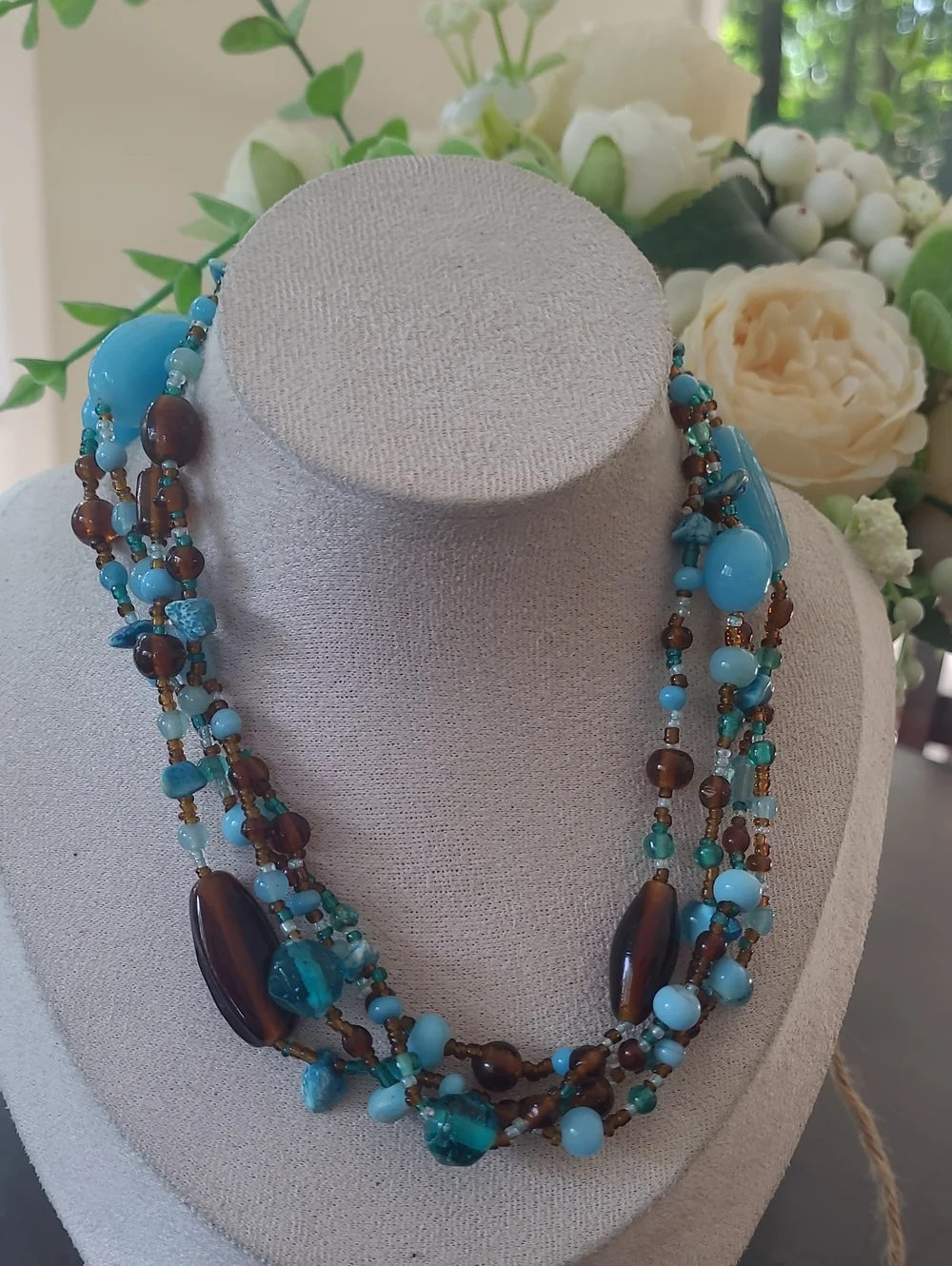 TURQUOISE BLUE & BROWN GLASS BEADS 29 Inches